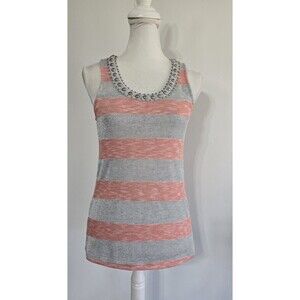 Miss Me Studded Tank Top Size Medium Striped Mesh Pink Gray Spring Shirt Summer